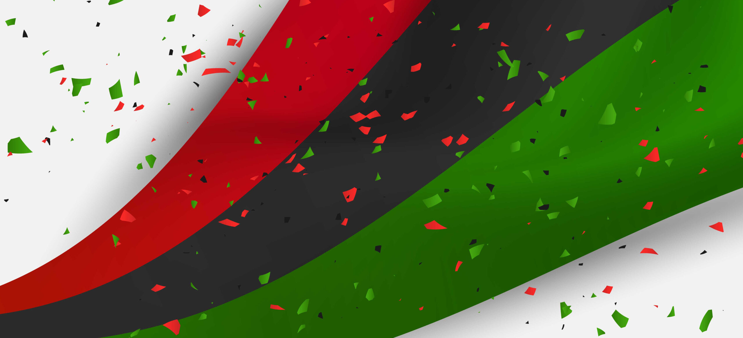 Red, black, and green curved stripes with scattered red, green, and black confetti pieces on a white background.