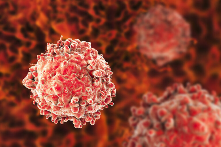 A close-up illustration of cancer cells, showing a detailed, textured surface with pink and red colours against a blurred reddish background.