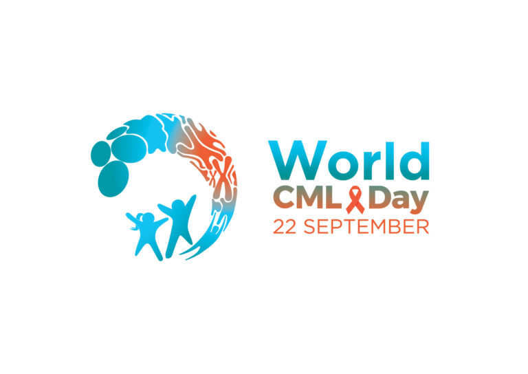 Logo for World CML Day, 22 September, featuring abstract figures and ribbon symbol with stylised cells and DNA strand in blue and orange.