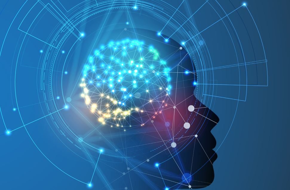 A digital illustration of a human head silhouette with a glowing network of interconnected nodes and lines inside, symbolising artificial intelligence and neural networks, on a blue background with abstract geometric shapes.