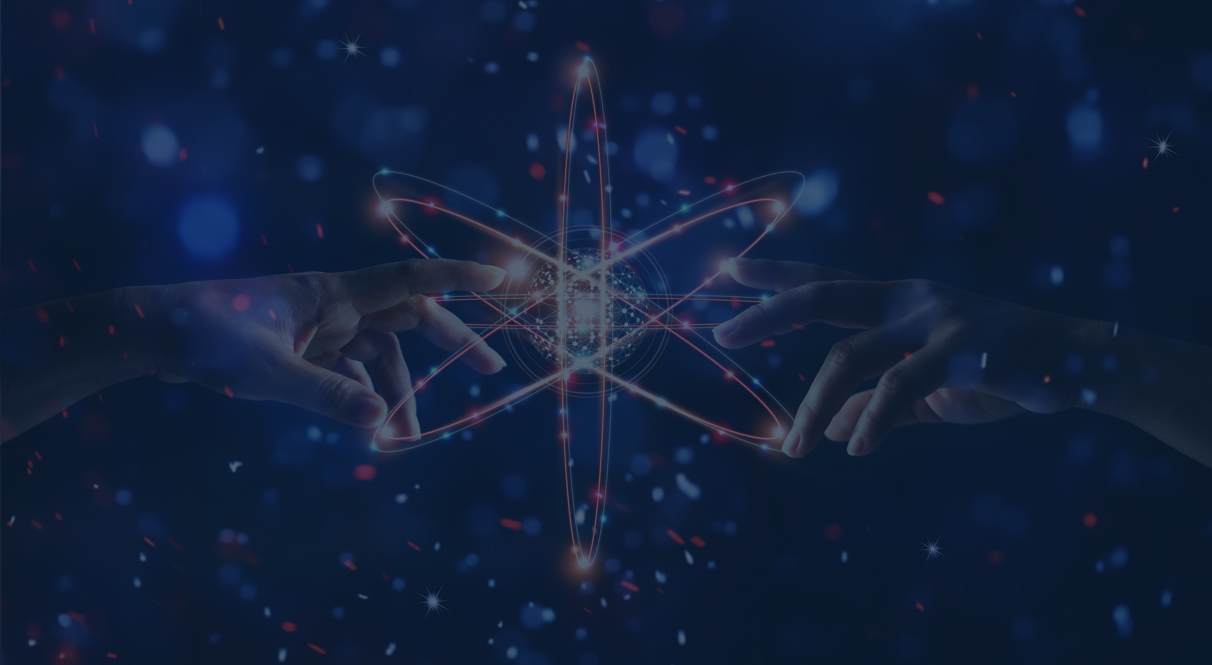 Two hands reach towards a glowing atom symbol at the centre, surrounded by swirling light trails and a dark blue, starry background, symbolising science and human connection.