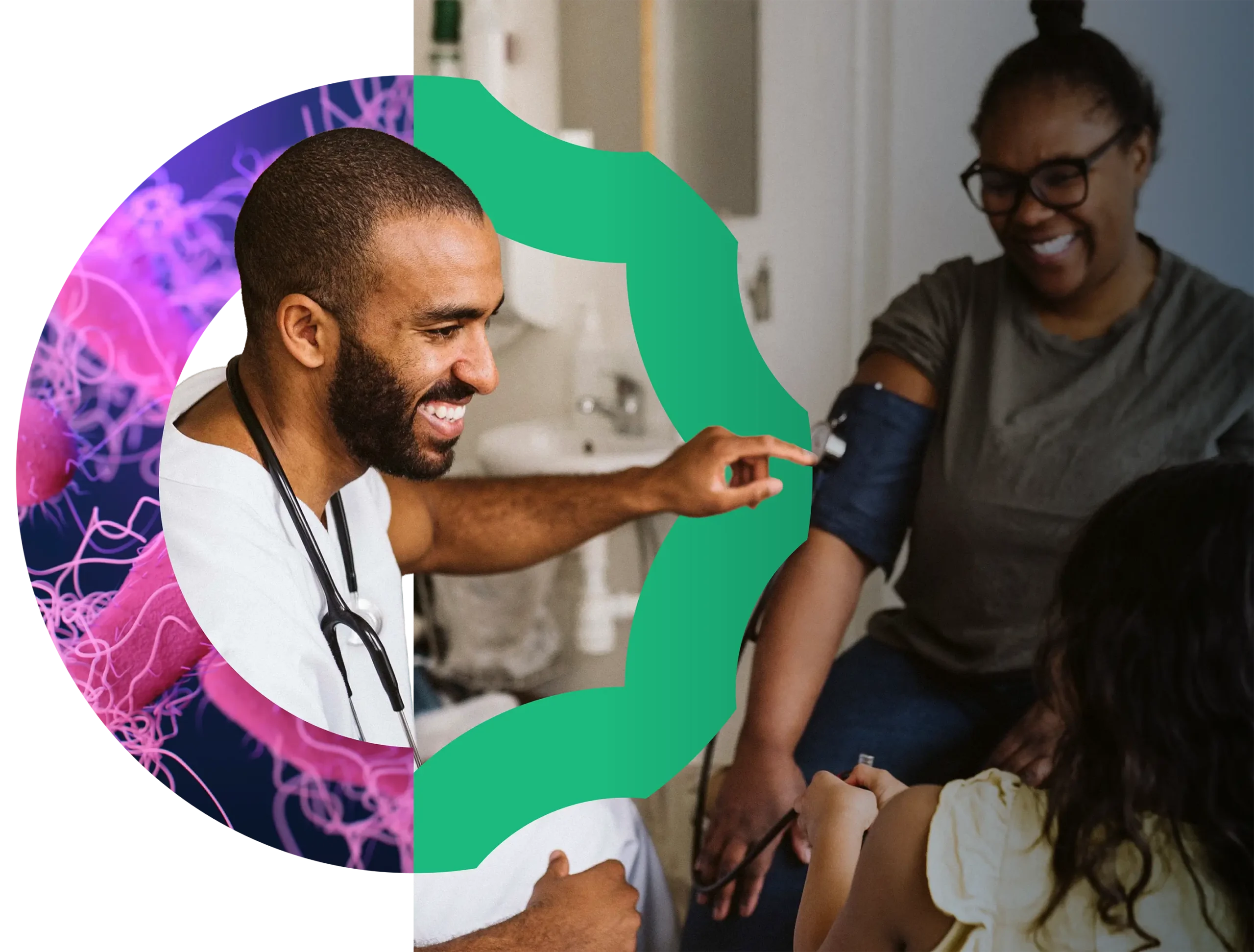 A smiling healthcare professional checks a patient's blood pressure. The left side of the image features a graphic with a purple and pink bacterial pattern and a green circular design partially framing the scene.