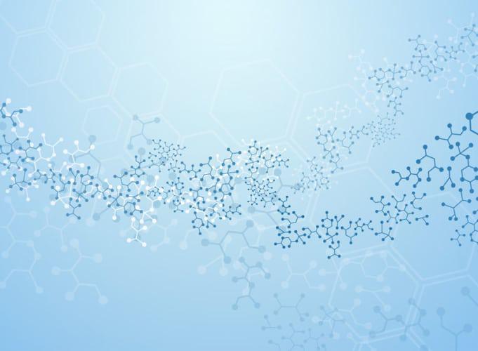 Abstract background with blue molecular structures and hexagonal patterns on a light blue gradient backdrop, resembling a scientific or medical theme.