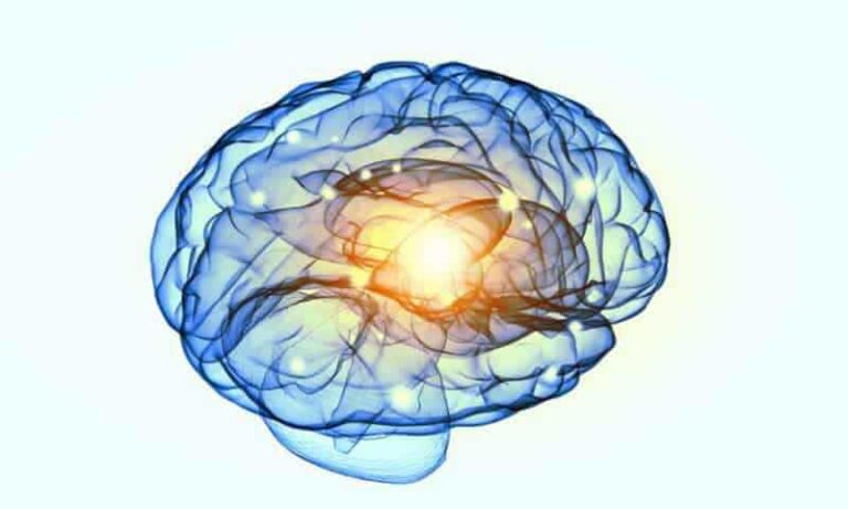 A semi-transparent blue brain with glowing yellow points and a bright light at the centre, set against a plain light background.