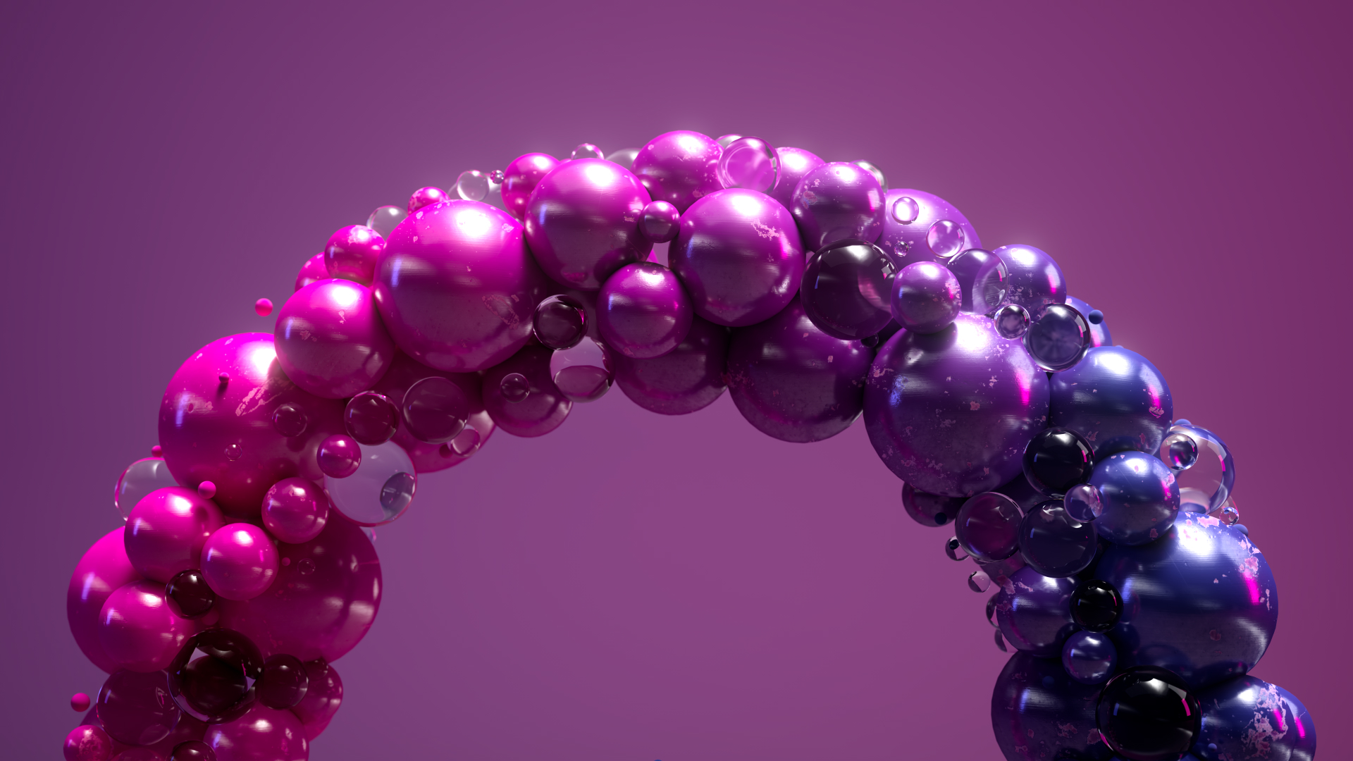 A shiny arch made of pink, purple, and blue metallic spheres of various sizes set against a gradient purple background.