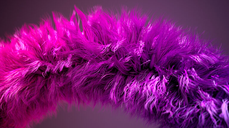 A close-up of a wavy, fuzzy texture in vibrant shades of pink and purple, with soft, hair-like strands creating a dynamic, abstract pattern against a blurred gradient background.