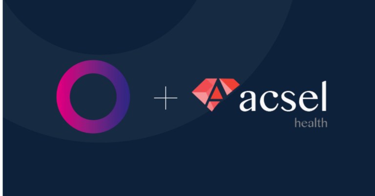 A purple and pink circle next to a plus sign, followed by a red geometric logo and the text acsel health on a dark blue background.