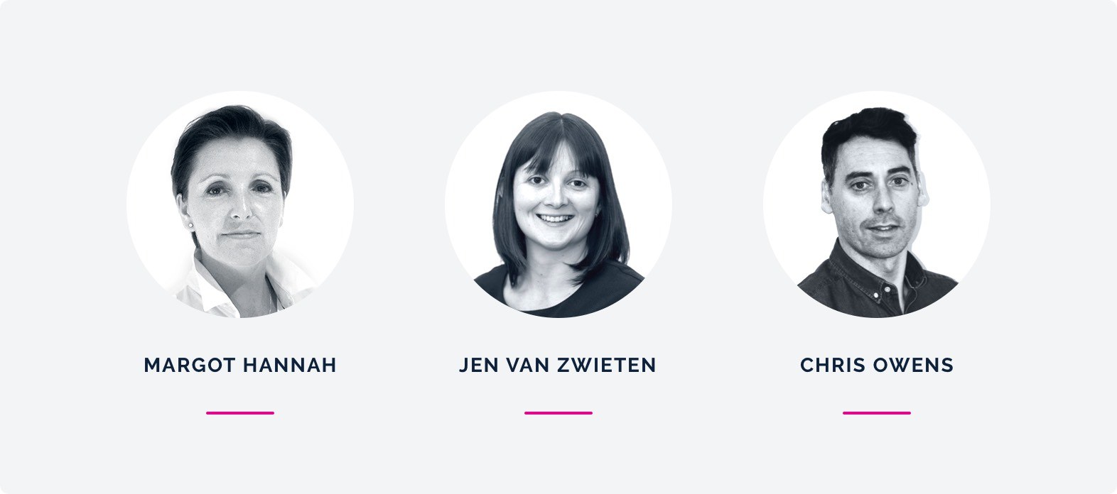 Three black-and-white headshots of two women and one man, each labelled with names: Margot Hannah, Jen Van Zwieten, and Chris Owens. Each photo has a magenta line below the name.