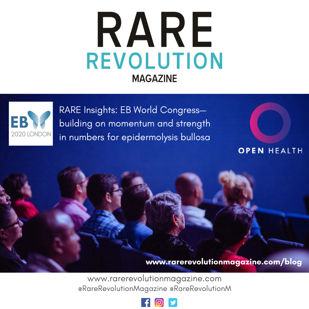 Audience watching a presentation at a conference; text promotes RARE Revolution Magazine, EB World Congress 2020 London, and OPEN Health, focussing on insights into epidermolysis bullosa research and support.