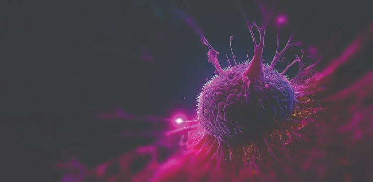 A close-up, digital illustration of a cell surrounded by vibrant pink and purple light streaks, with tendrils extending outward in a dark background.
