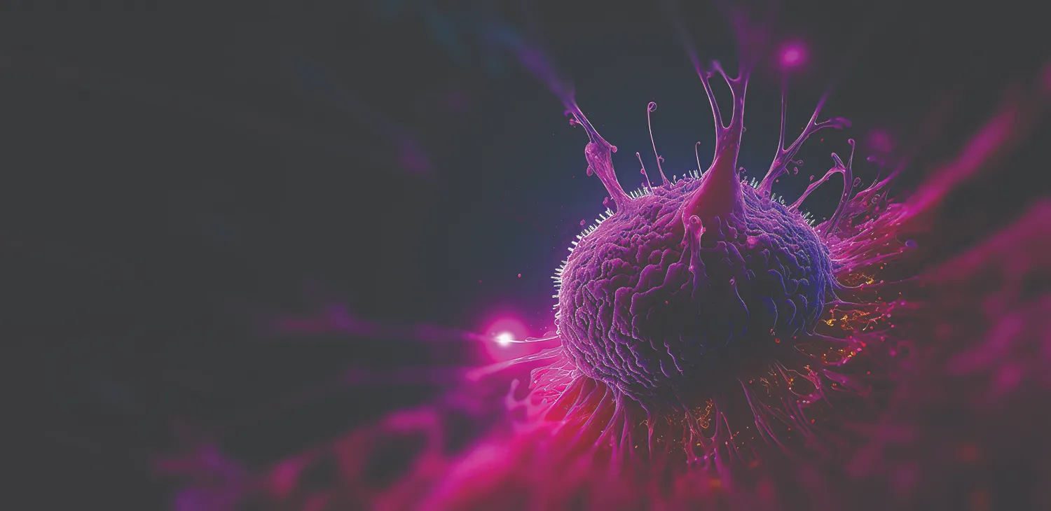 A close-up, digital illustration of a cell surrounded by vibrant pink and purple light streaks, with tendrils extending outward in a dark background.