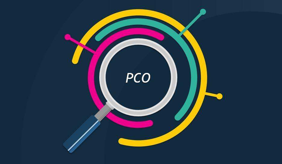 A magnifying glass with the letters PCO in the centre, surrounded by colourful, curved lines on a dark blue background.