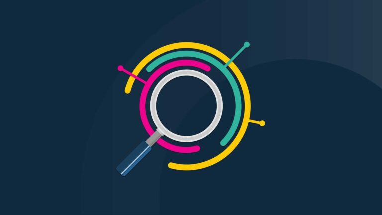 A magnifying glass is centred over colourful curved lines on a dark blue background, illustrating the concept of analysis or search.