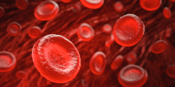 Red blood cells floating in a bloodstream, with a close-up focus on their round, disc-like shape against a red, blurred background.