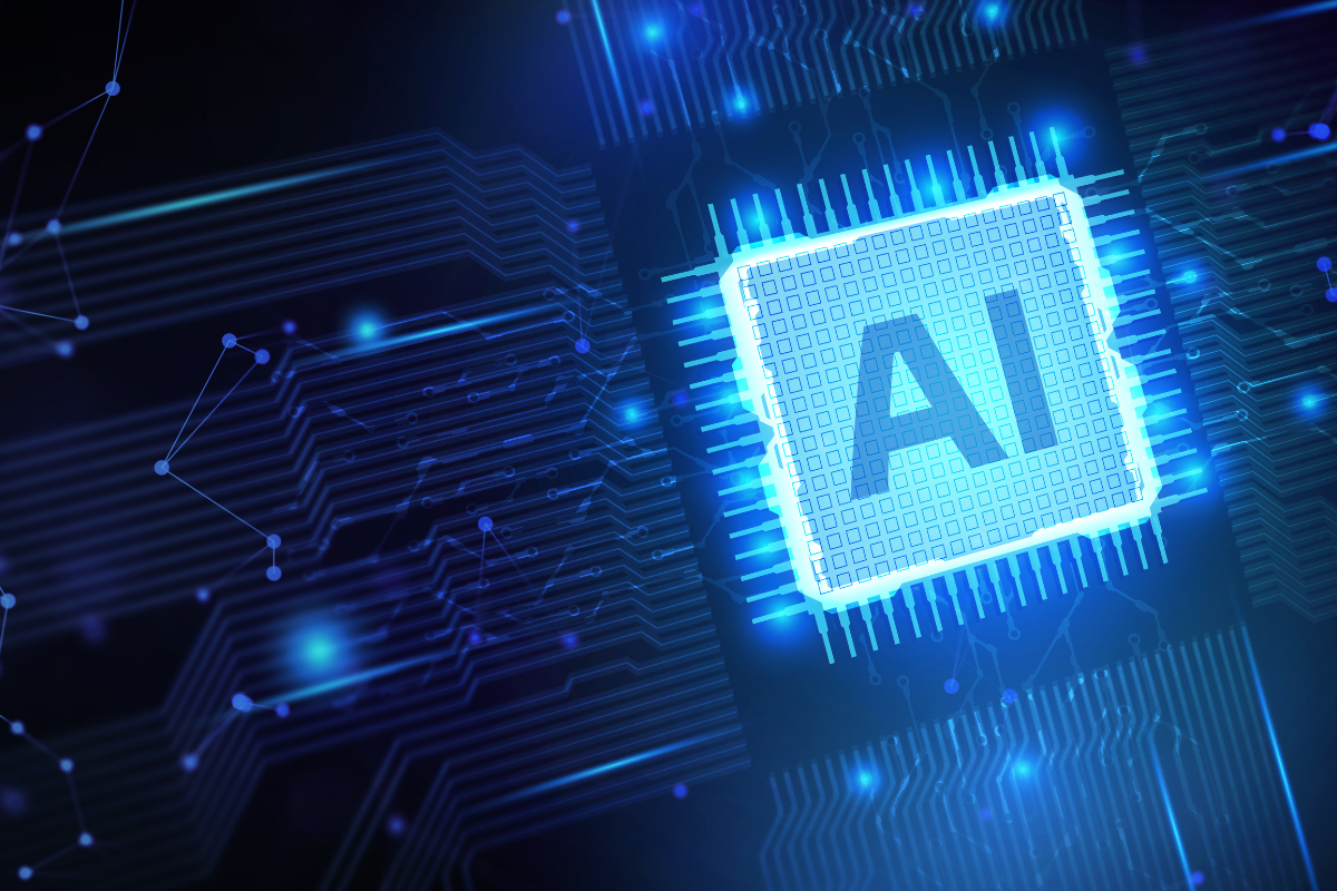 A glowing computer chip with AI text in the centre is surrounded by digital circuit lines on a dark blue background, symbolising artificial intelligence technology.