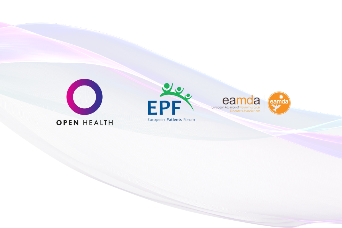 Logos for Open Health, European Patients’ Forum (EPF), and the European Alliance of Neuromuscular Disorders Associations (EAMDA) on a white background with curved pastel lines.