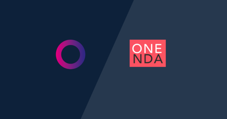 A dark blue background with a purple-pink circular gradient logo on the left and a red square on the right containing the white and pink text ONE NDA.