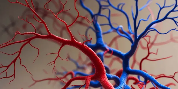 Close-up illustration of red and blue branching blood vessels, representing arteries and veins, on a neutral background. The image highlights the complex network and structure of the circulatory system.