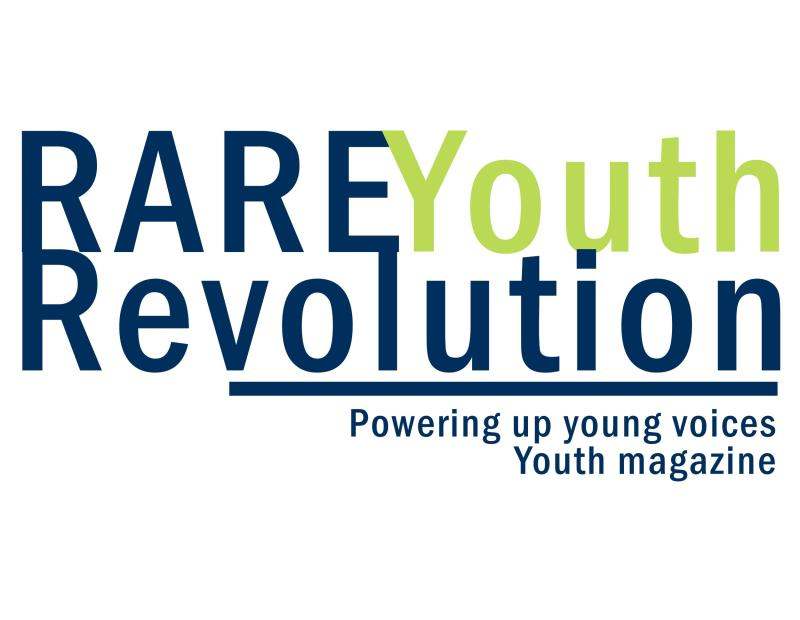 Logo with text: RARE Youth Revolution. Powering up young voices. Youth magazine. RARE and Revolution are in dark blue; Youth is in light green.