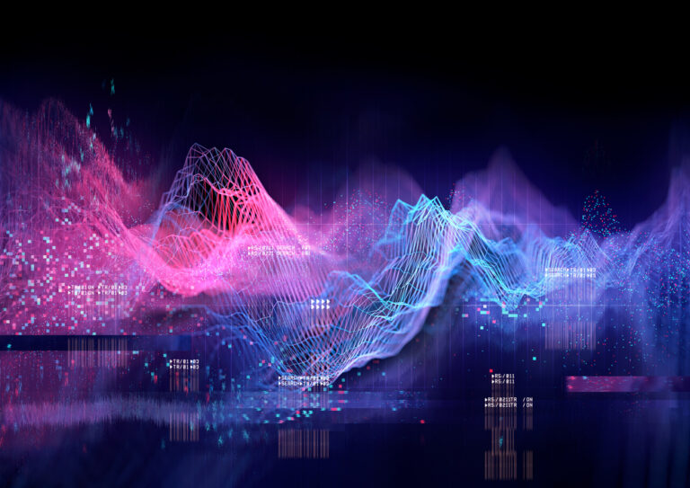 Abstract digital art showing colourful waves of pink, purple, and blue lines and dots against a dark background, resembling data graphs or sound waves, with pixel-like clusters scattered throughout the image.