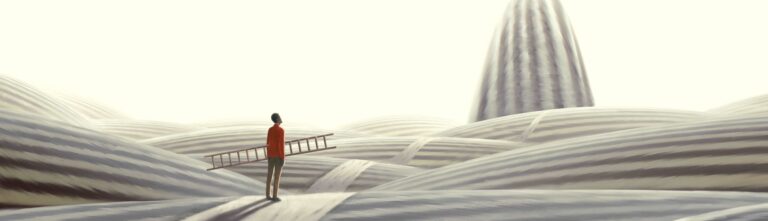 A person holding a ladder stands on a striped, surreal landscape, looking towards a tall, striped, cone-shaped hill in the distance under a bright, hazy sky.