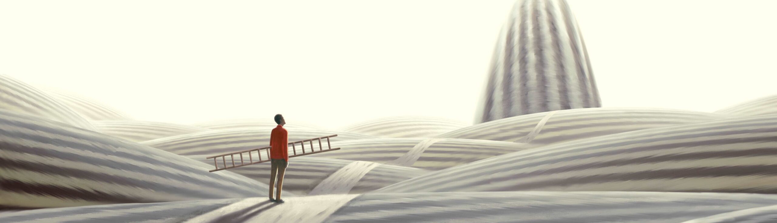 A person holding a ladder stands on a striped, surreal landscape, looking towards a tall, striped, cone-shaped hill in the distance under a bright, hazy sky.