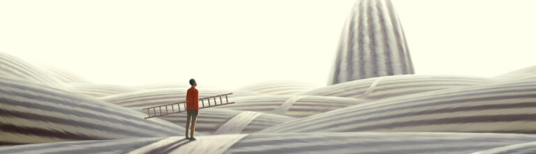 A person holding a ladder stands on striped hills, gazing at a tall, distant striped structure under a pale, hazy sky.