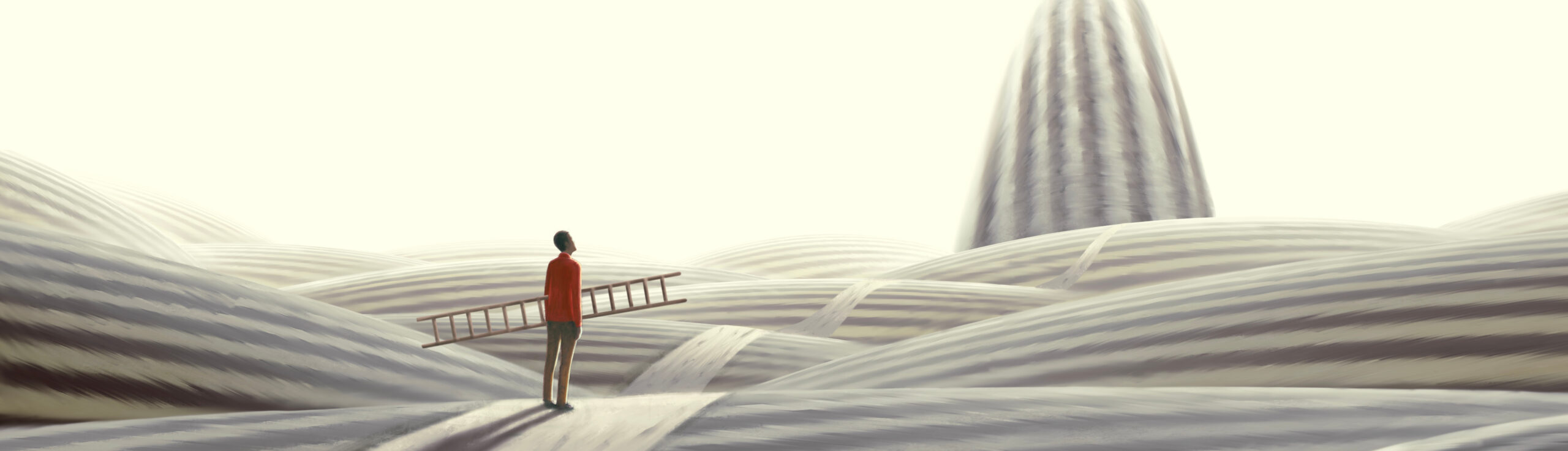 A person holding a ladder stands on striped hills, gazing at a tall, distant striped structure under a pale, hazy sky.
