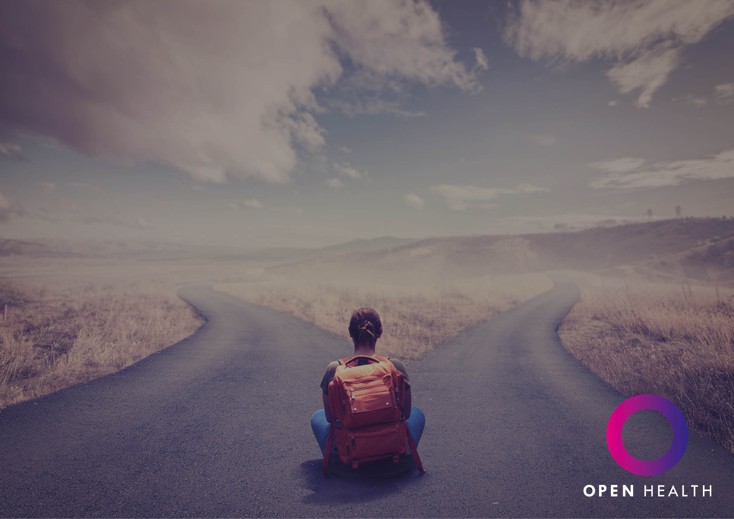 A person with a red rucksack sits at a fork in the road in a rural landscape, facing away. The Open Health logo is in the bottom right corner.