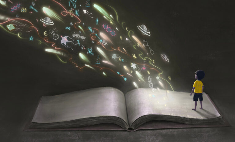A child in a yellow shirt stands by an open book, watching colourful, glowing symbols and shapes—like stars, planets, music notes, and DNA—flowing out into the dark space above.