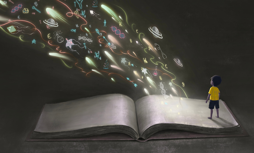 A child in a yellow shirt stands by an open book, watching colourful, glowing symbols and shapes—like stars, planets, music notes, and DNA—flowing out into the dark space above.