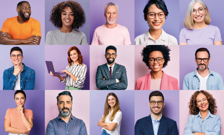 A collage of fifteen diverse people, each smiling against a purple or pink background, arranged in three rows and five columns. Men and women of various ages and ethnicities are featured.