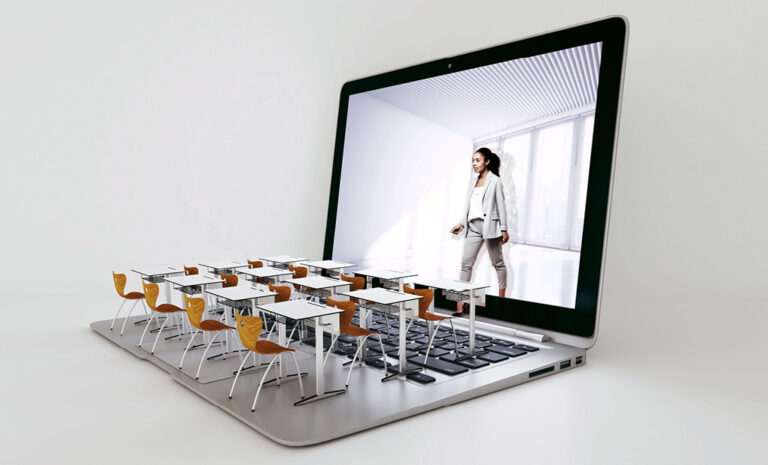 A laptop with miniature classroom desks and chairs on its keyboard, and a woman in business attire appears on the screen as if entering the virtual classroom.