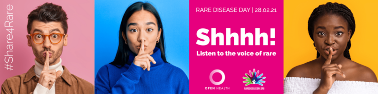 Three people hold a finger to their lips, signalling shhh. Text reads: Shhhh! Listen to the voice of rare. Rare Disease Day 28.02.21. Logos and hashtags are also present.