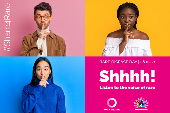 A collage of three people holding a finger to their lips, signalling shhh, with the text RARE DISEASE DAY | 28.02.21 Shhhh! Listen to the voice of rare and #Share4Rare on the left.