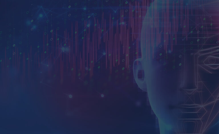 Digital illustration of a human face on the right with data lines, binary code, and glowing points over a dark blue background, symbolising technology and artificial intelligence.