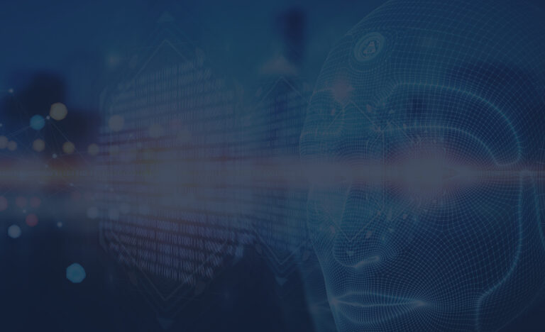 A digital wireframe of a human face with glowing eyes, overlaid on a dark blue background with abstract data and light effects, suggesting artificial intelligence or futuristic technology concepts.