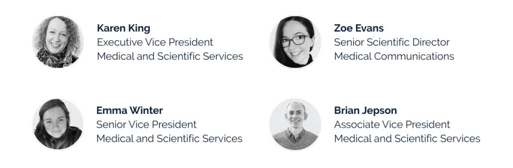 Four staff headshots with names and titles: Karen King, Executive Vice-President; Emma Winter, Senior Vice-President; Zoe Evans, Senior Scientific Director; Brian Jepson, Associate Vice-President. All are in Medical and Scientific Services.