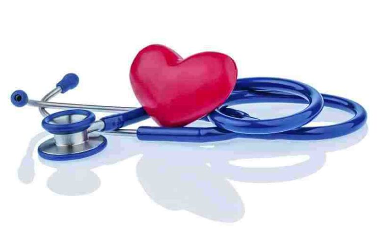 A blue stethoscope wrapped around a shiny red heart-shaped object, symbolising heart health, on a white background.