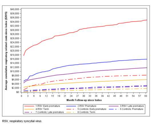 Line graph showing average cumulative respiratory-related costs by month for 8 groups. RSV-infected and premature groups have higher costs, especially early premature. Costs rise most steeply within the first months, levelling off later.