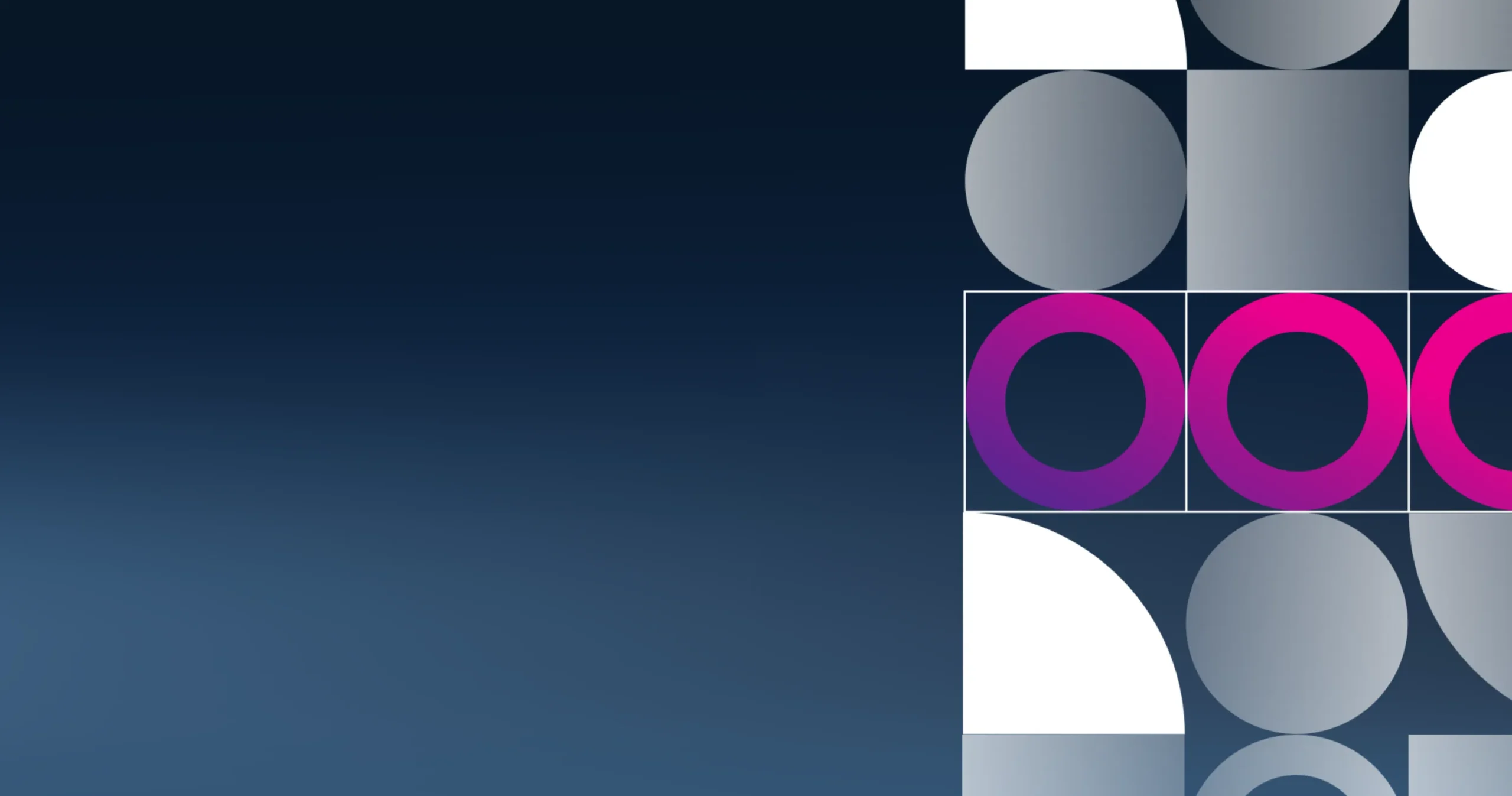 Geometric shapes including circles, semicircles, and squares in white, grey, and purple on a dark blue gradient background, arranged on the right side of the image.