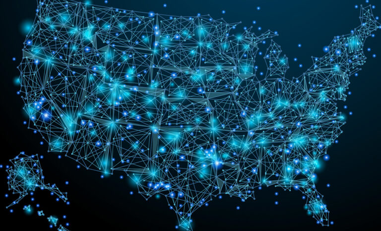 A digital map of the United States with glowing blue lines and points, representing a network or connections spanning the country, set against a dark background.