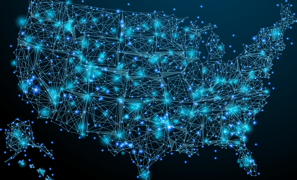 A digital map of the United States with glowing blue lines and points, representing a network or connections spanning the country, set against a dark background.