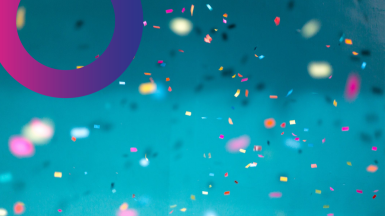 Colourful confetti falls against a vibrant teal background, with a large purple and pink semicircle in the top left corner.