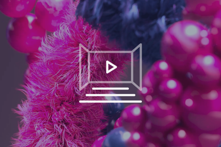 Colourful abstract shapes with pink fuzzy textures and round glossy spheres, featuring a white play icon and lines suggesting a video player interface overlay in the centre.