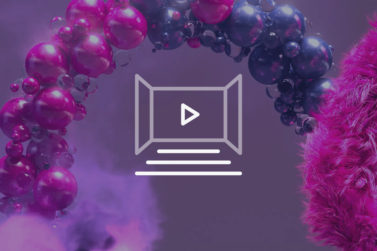 A play button icon overlays a purple-toned background with clusters of pink and dark spheres on the left and a fuzzy pink texture on the right, with smoke or haze below.