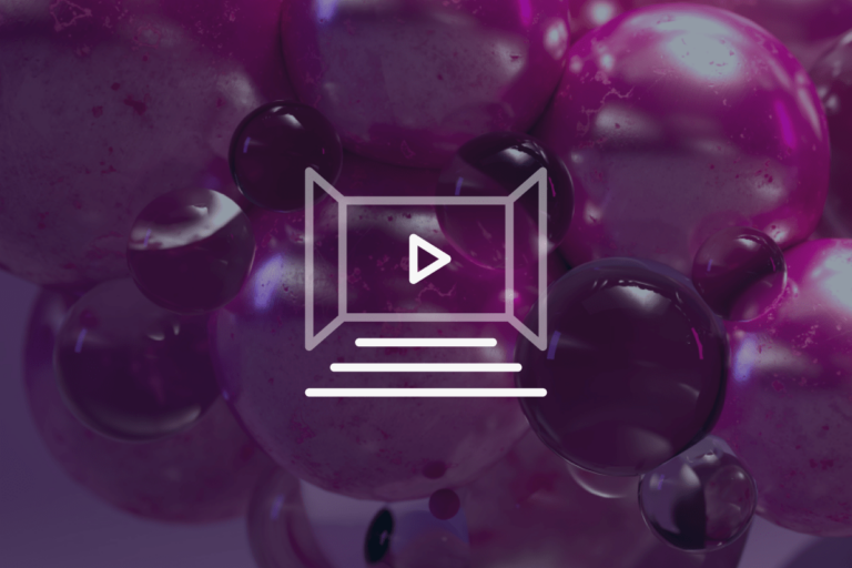 Purple and pink spheres in the background with a white video play icon and lines suggesting a video player interface overlay in the centre.