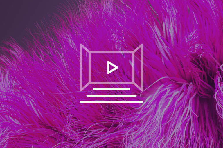 A white play button icon on a computer screen illustration is overlaid on an abstract background of vivid pink and purple tangled strands.