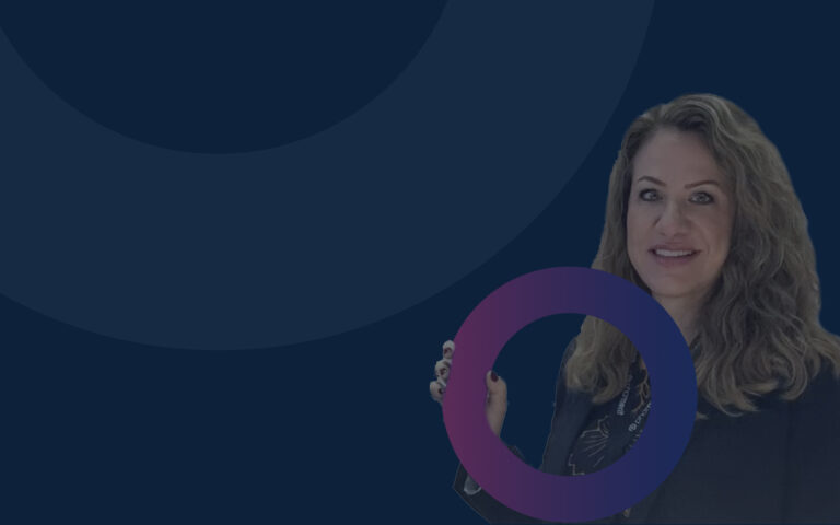 A woman with long hair holds a purple and blue circular object against a dark blue background with subtle circular patterns.