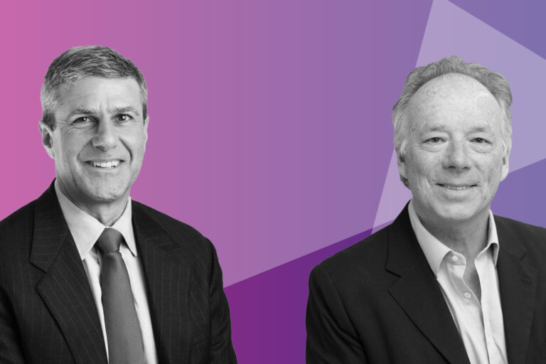 Two men in suits, one in colour on the left and one in black and white on the right, posed in front of a purple geometric background.